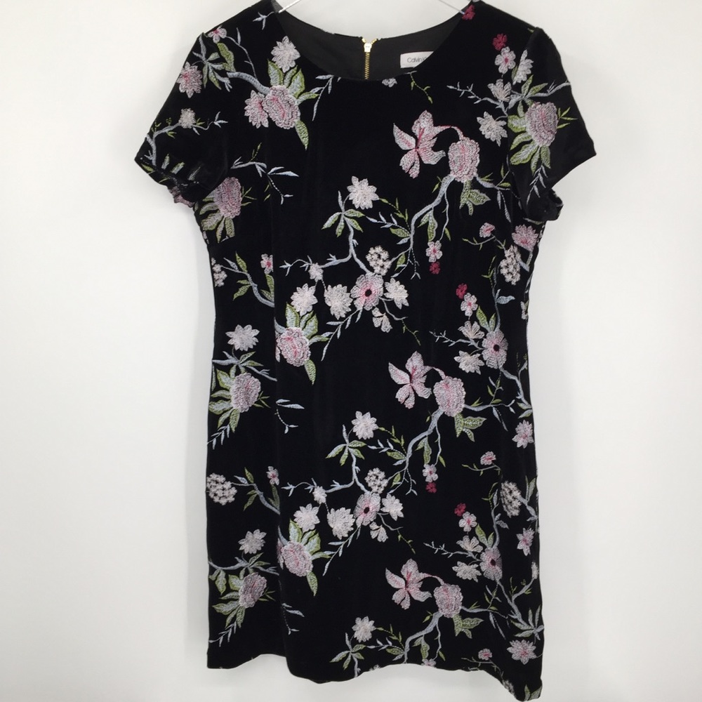 Calvin Klein black velvet embroidered dress shift floral embroidery 12